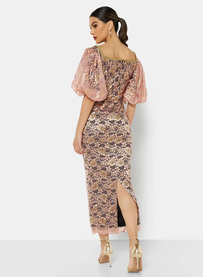 Threadz by Ajooni Off Shoulder Metallic Lace Dress Pink