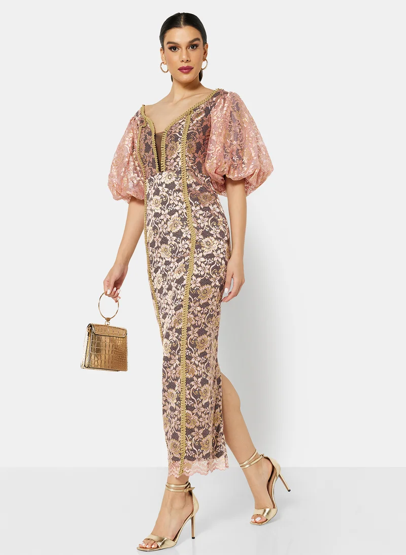 Threadz by Ajooni Off Shoulder Metallic Lace Dress Pink