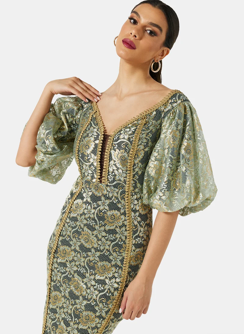Threadz by Ajooni Off Shoulder Metallic Lace Dress Green