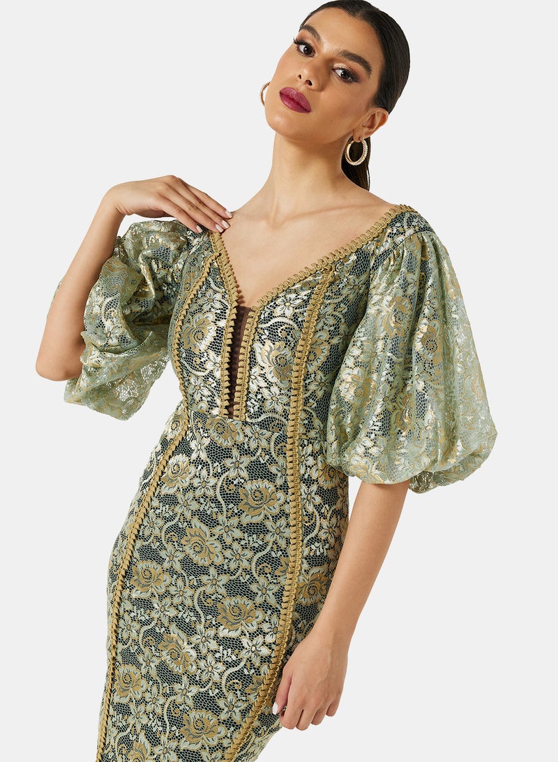 Threadz by Ajooni Off Shoulder Metallic Lace Dress Green  - Image 3