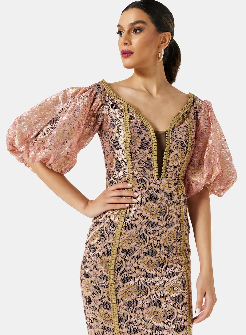 Threadz by Ajooni Off Shoulder Metallic Lace Dress Pink