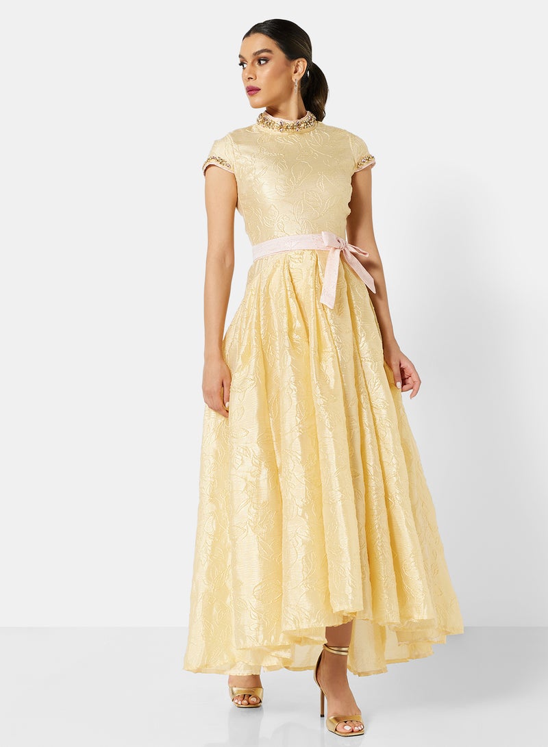 Threadz by Ajooni - Embroidered Maxi Dress Yellow - Image 1