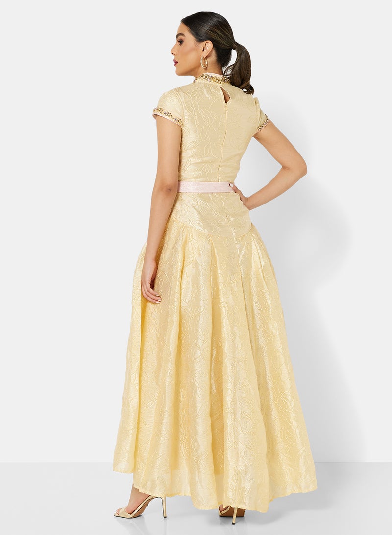 Threadz by Ajooni - Embroidered Maxi Dress Yellow - Image 1