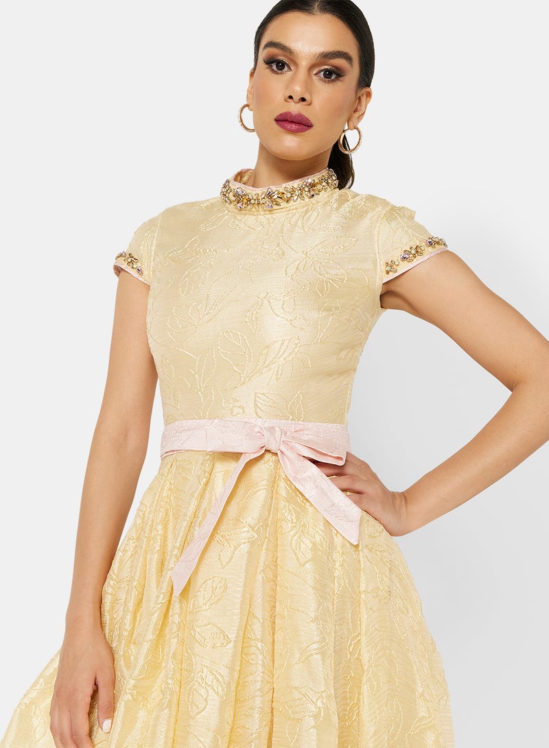 Threadz by Ajooni - Embroidered Maxi Dress Yellow - Image 1