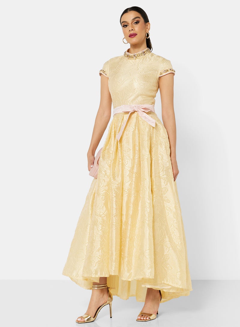 Threadz by Ajooni - Embroidered Maxi Dress Yellow - Image 1