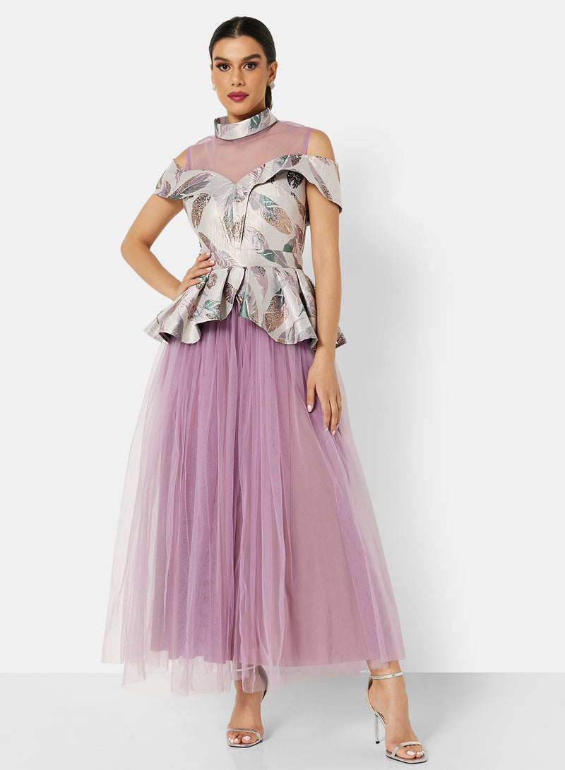 Threadz by Ajooni Peplum Jacket Mesh Skirt Dress Multi  - Image 1