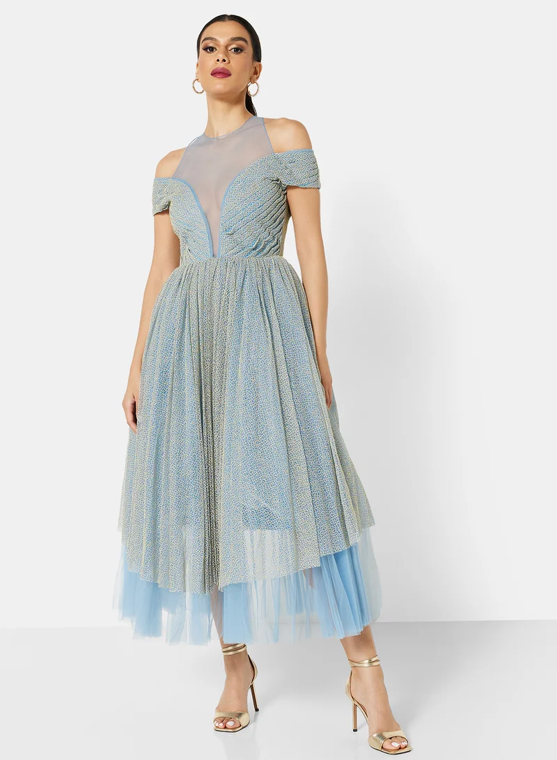 Threadz by Ajooni Cold Shoulder Layered Midi Dress Blue