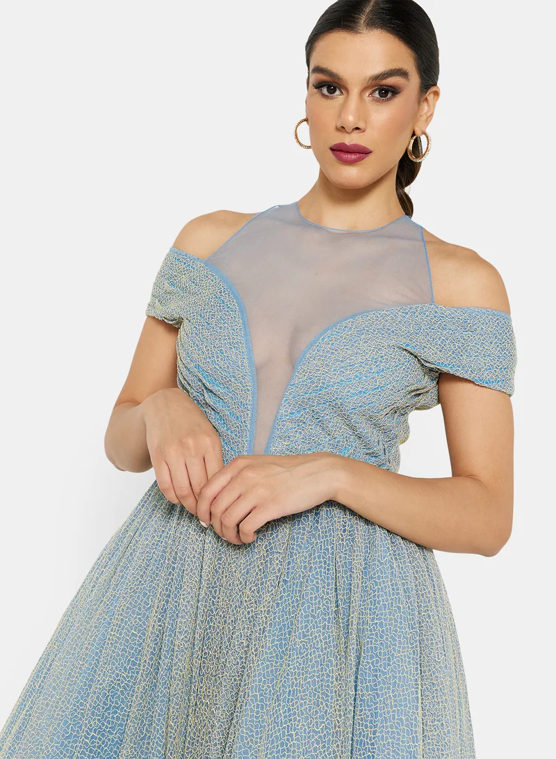 Threadz by Ajooni Cold Shoulder Layered Midi Dress Blue
