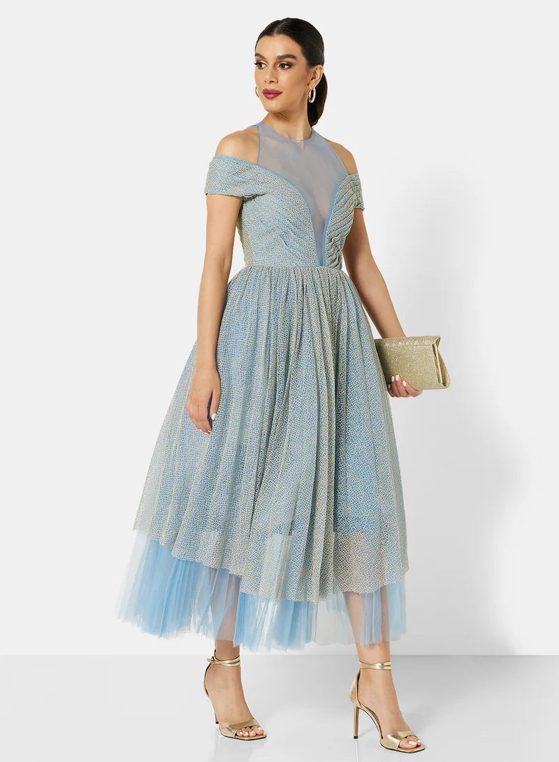Threadz by Ajooni Cold Shoulder Layered Midi Dress Blue
