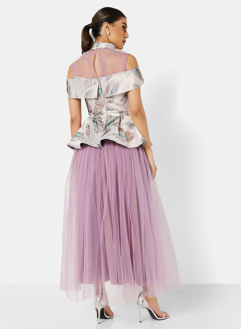 Threadz by Ajooni Peplum Jacket Mesh Skirt Dress Multi  - Image 2