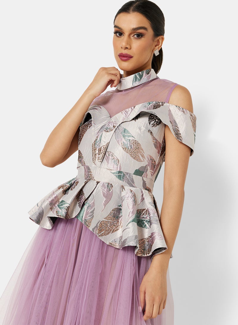 Threadz by Ajooni Peplum Jacket Mesh Skirt Dress Multi  - Image 3