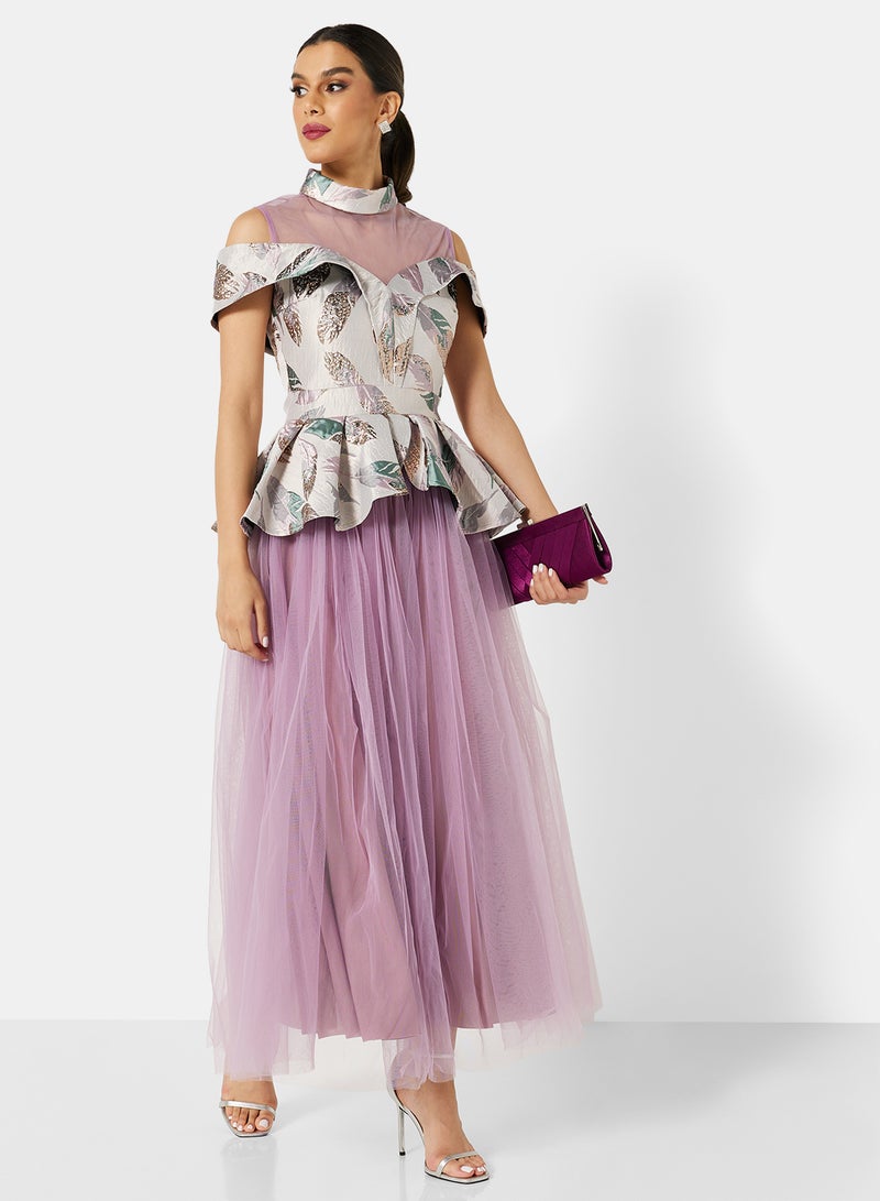 Threadz by Ajooni Peplum Jacket Mesh Skirt Dress Multi  - Image 4