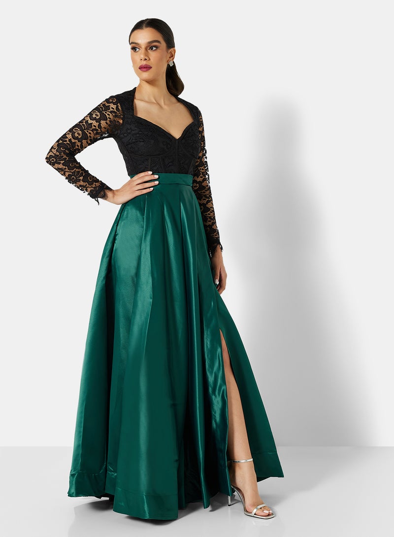 Threadz by Ajooni Lace Bodice Taffeta Detail Dress Teal/Black  - Image 1
