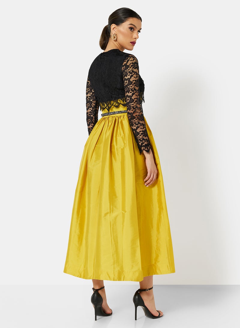 Threadz by Ajooni - Cropped Lace Bodice Dress Mustard - Image 1