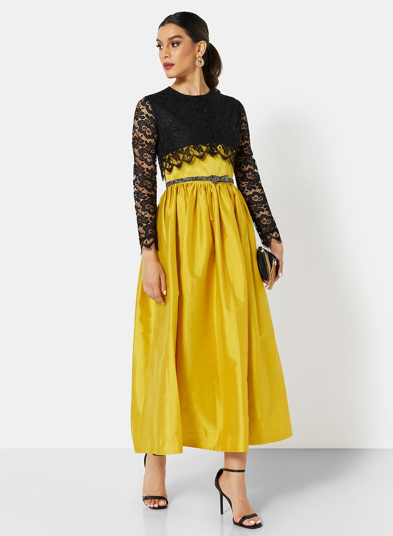 Threadz by Ajooni - Cropped Lace Bodice Dress Mustard - Image 1