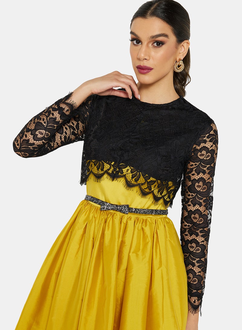 Threadz by Ajooni - Cropped Lace Bodice Dress Mustard - Image 1