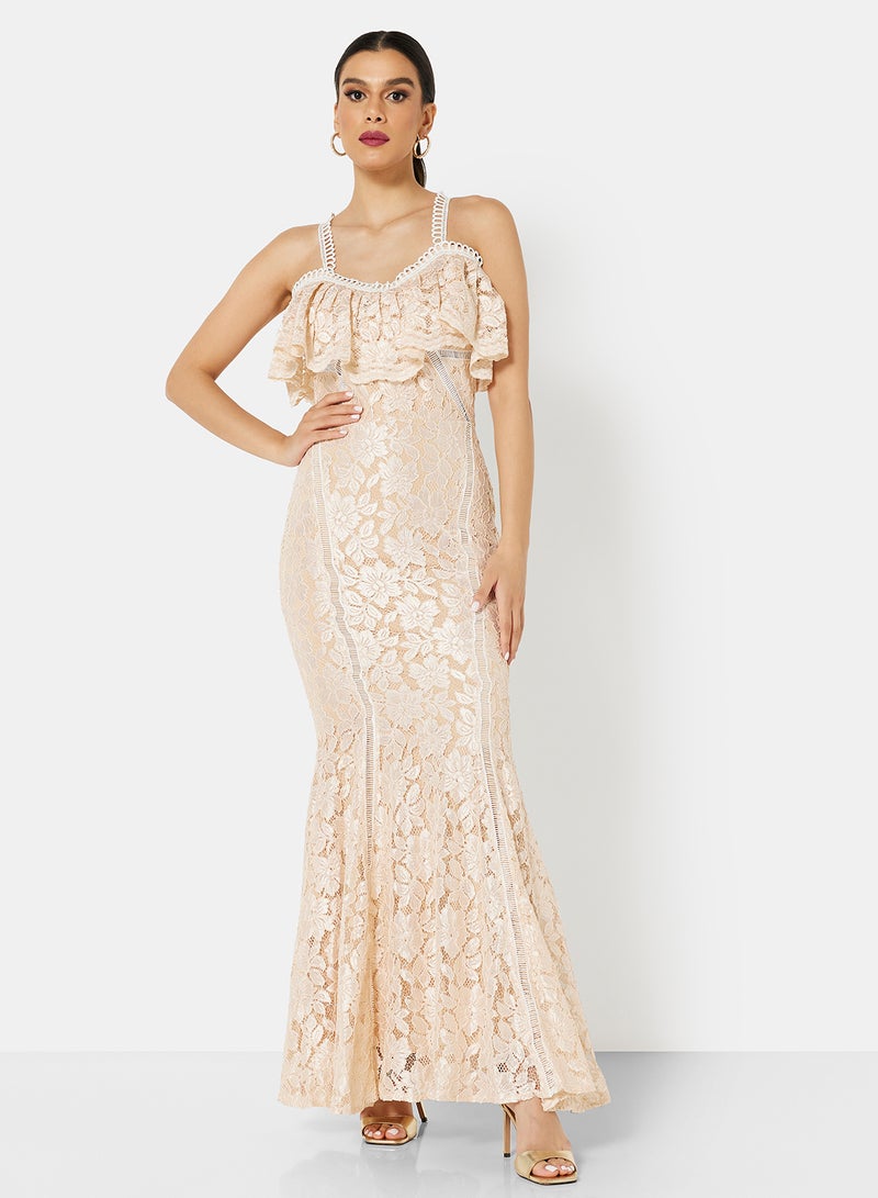 Threadz by Ajooni - Cold Shoulder Lace Bodycon Dress Beige - Image 1