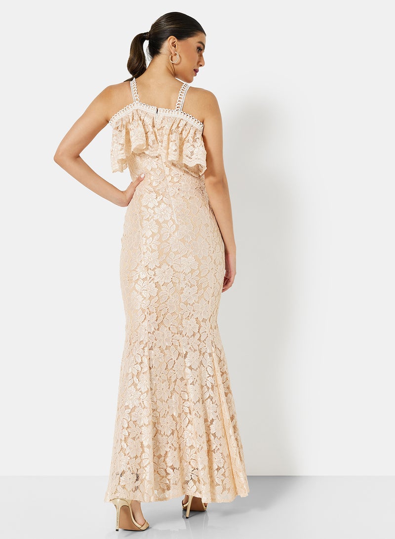Threadz by Ajooni - Cold Shoulder Lace Bodycon Dress Beige - Image 1