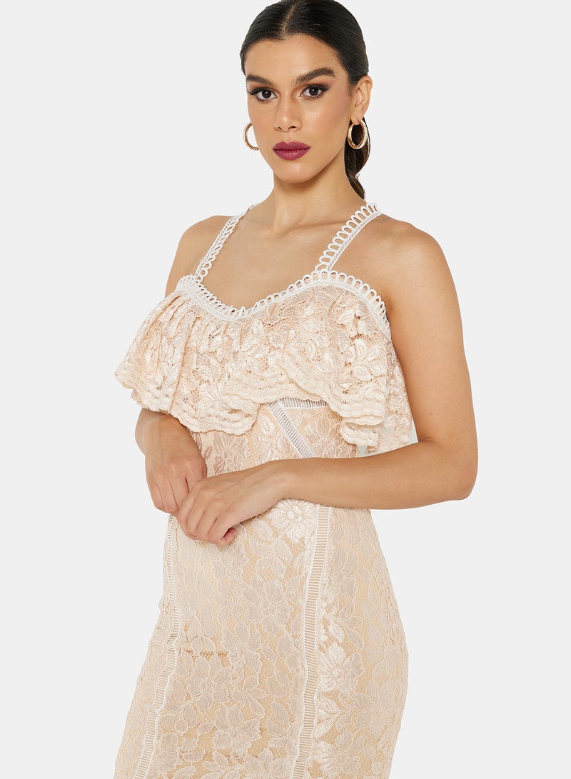 Threadz by Ajooni - Cold Shoulder Lace Bodycon Dress Beige - Image 1