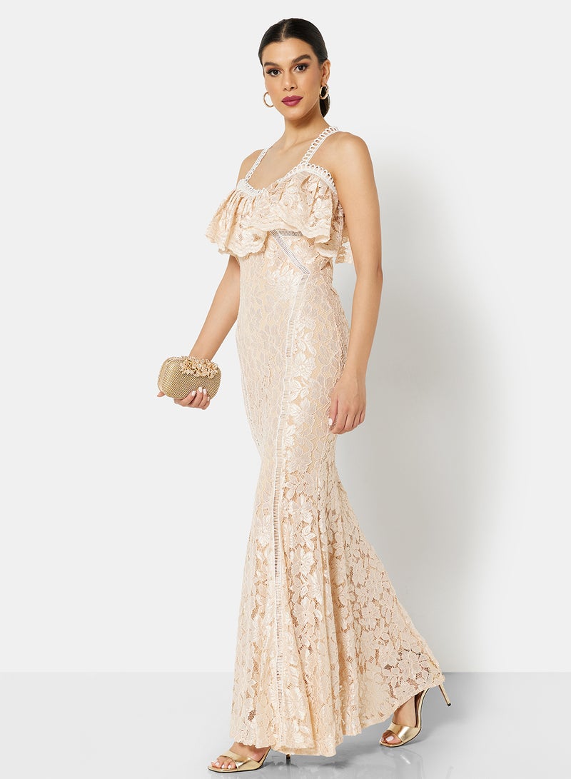 Threadz by Ajooni - Cold Shoulder Lace Bodycon Dress Beige - Image 1