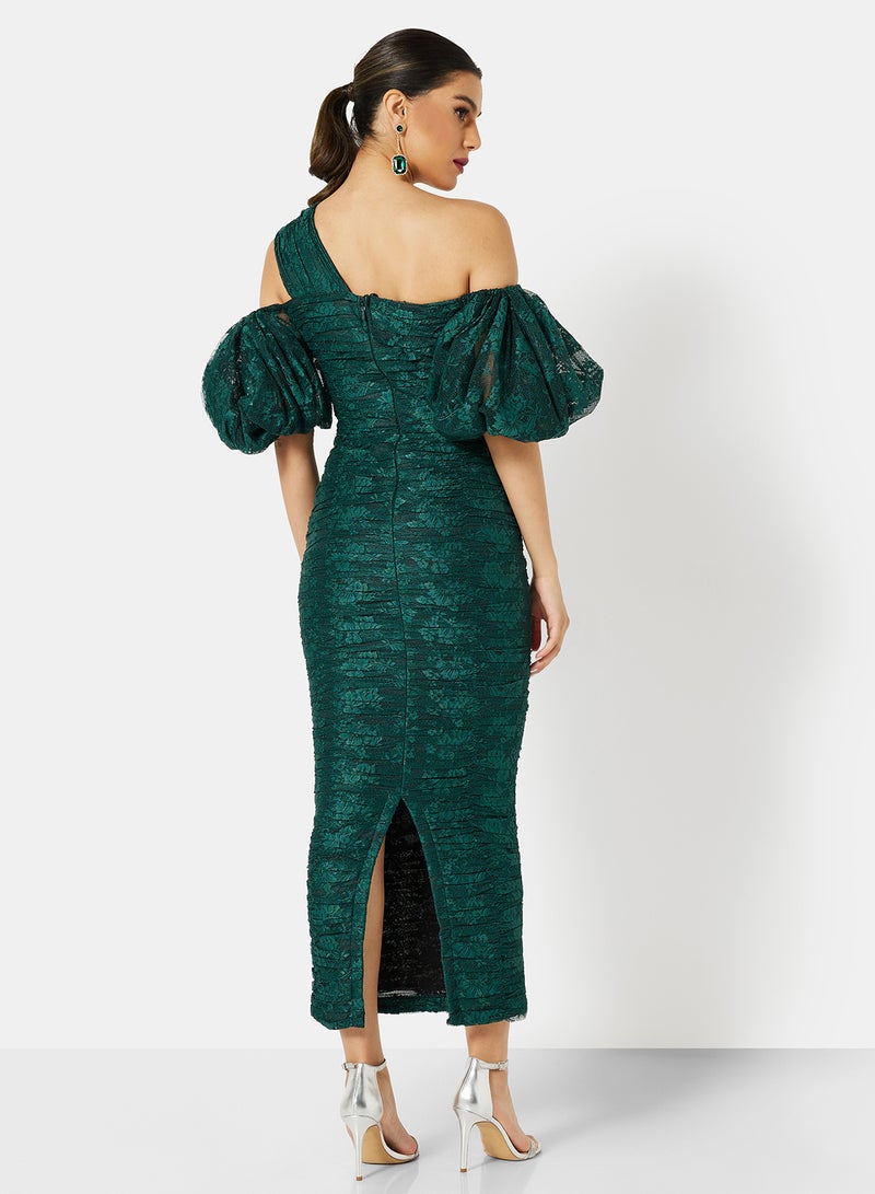 Threadz by Ajooni Ruched Lace Bodycon Dress Green  - Image 2