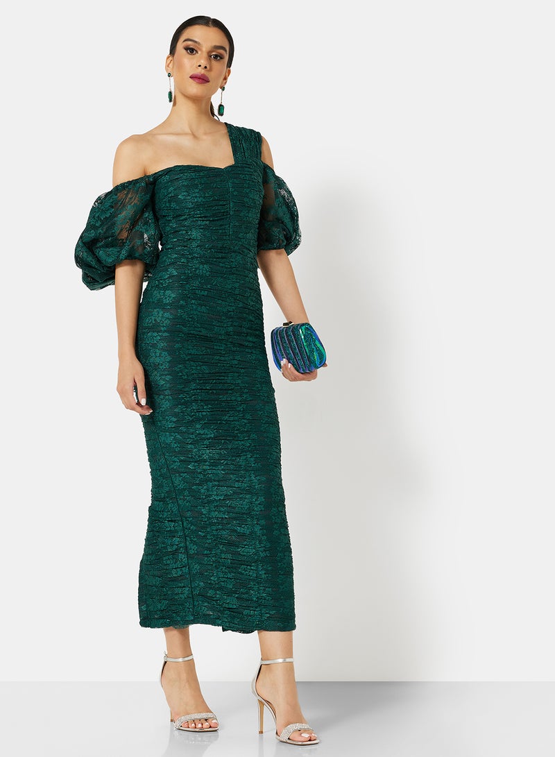 Threadz by Ajooni Ruched Lace Bodycon Dress Green  - Image 4
