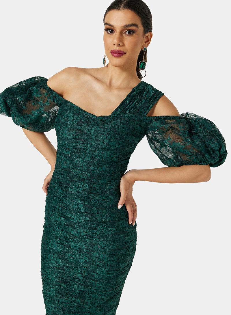 Threadz by Ajooni Ruched Lace Bodycon Dress Green  - Image 3