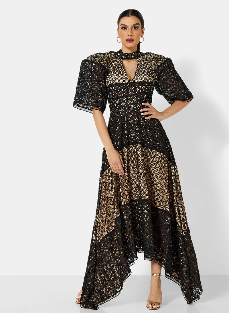 Threadz by Ajooni Puff Sleeve Lace Dress Black  - Image 1