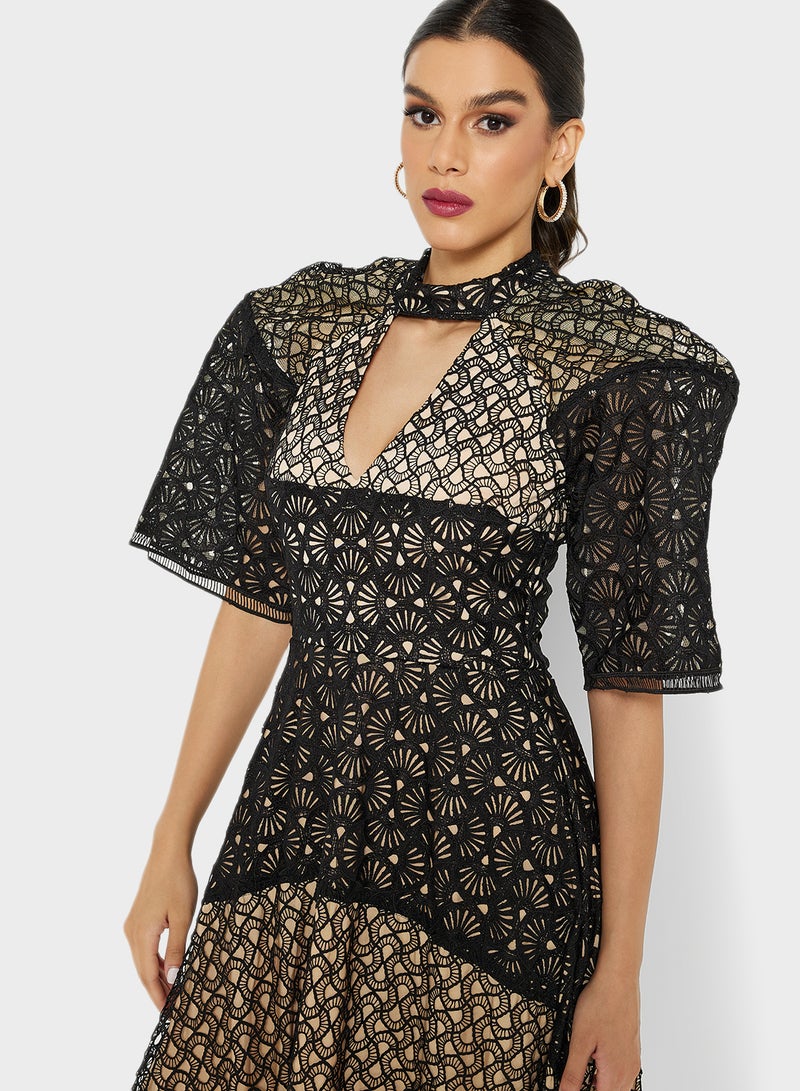 Threadz by Ajooni Puff Sleeve Lace Dress Black  - Image 3