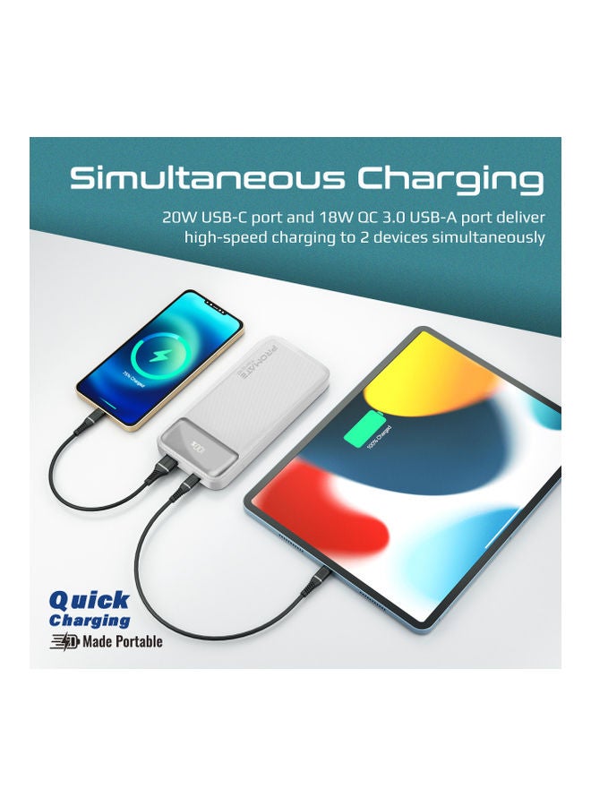 PROMATE - 10000 mAh Power Bank 20W USB-C PD Port and QC 3.0.White White - Image 1