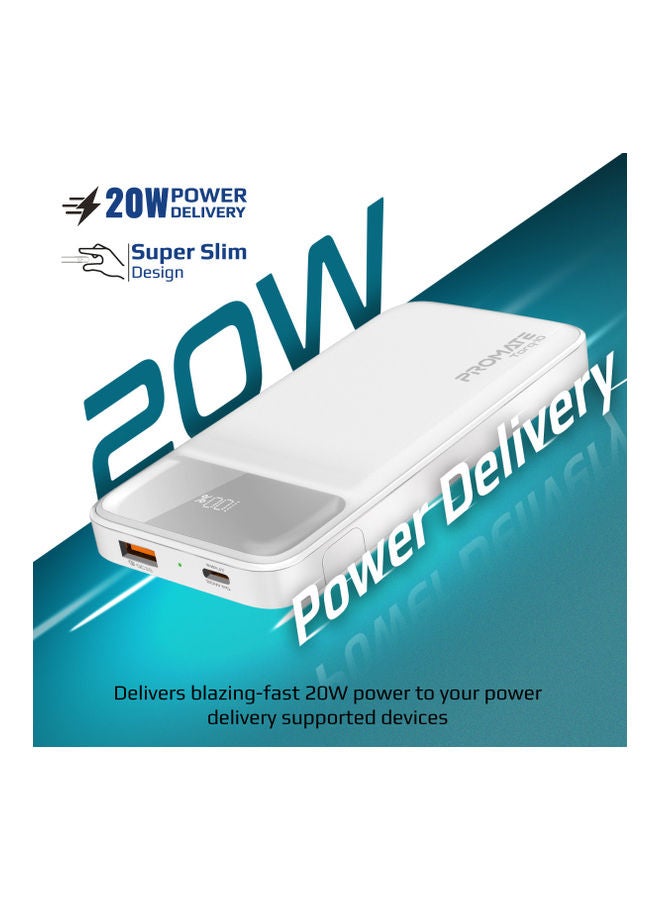 PROMATE - 10000 mAh Power Bank 20W USB-C PD Port and QC 3.0.White White - Image 1