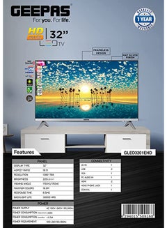 32" Edgelss Slim LED TV with Remote Control,HDMI & USB Ports, AV Mode, Head Phone Jack, PC Audio In,VGA,Energy Saving Technology, Dynamic Sound GLED3201EHD Black - v1668429602/N17046885A_9