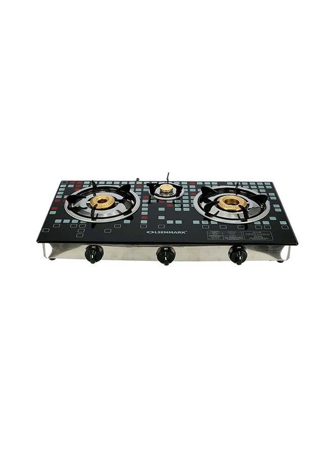 Olsenmark - Triple Burner Gas Stove with Tempered Glass Top, Auto Ignition, Cast Iron Burners and Stainless Steel Drip Pan OMK2224 Black/Silver - Image 1