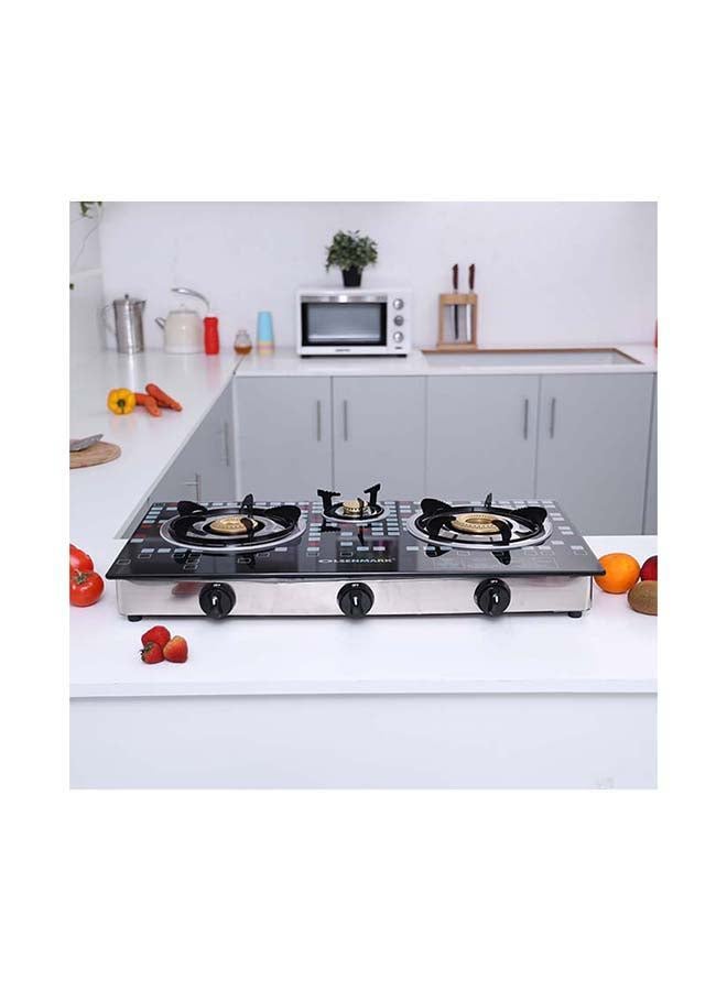 Olsenmark - Triple Burner Gas Stove with Tempered Glass Top, Auto Ignition, Cast Iron Burners and Stainless Steel Drip Pan OMK2224 Black/Silver - Image 1