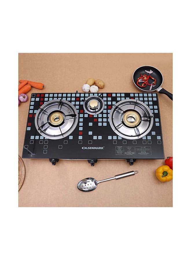 Olsenmark - Triple Burner Gas Stove with Tempered Glass Top, Auto Ignition, Cast Iron Burners and Stainless Steel Drip Pan OMK2224 Black/Silver - Image 1