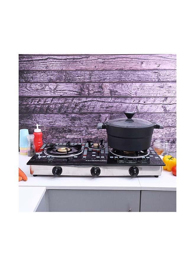 Olsenmark - Triple Burner Gas Stove with Tempered Glass Top, Auto Ignition, Cast Iron Burners and Stainless Steel Drip Pan OMK2224 Black/Silver - Image 1