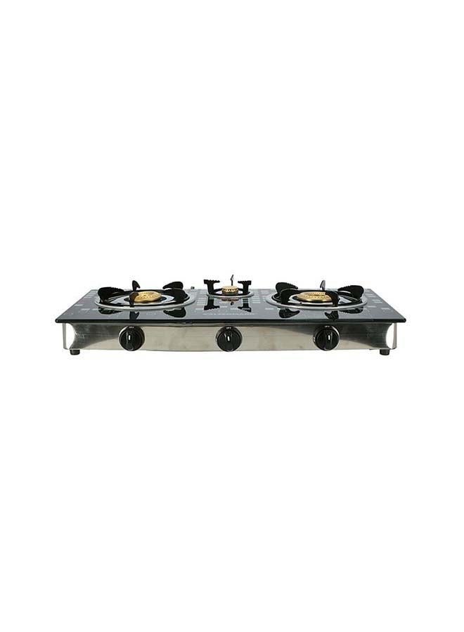Olsenmark - Triple Burner Gas Stove with Tempered Glass Top, Auto Ignition, Cast Iron Burners and Stainless Steel Drip Pan OMK2224 Black/Silver - Image 1