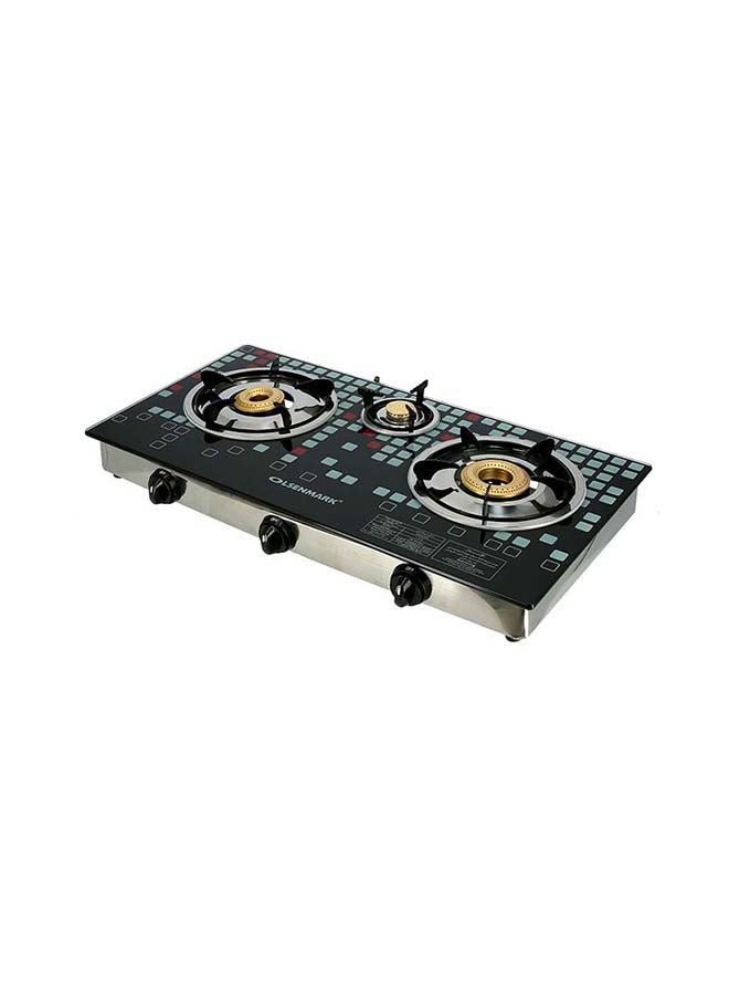 Olsenmark - Triple Burner Gas Stove with Tempered Glass Top, Auto Ignition, Cast Iron Burners and Stainless Steel Drip Pan OMK2224 Black/Silver - Image 1