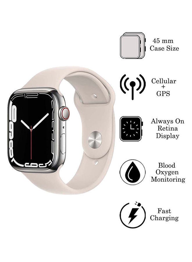 Apple - 309.0 mAh Watch Series 7 GPS + Cellular 45mm Silver Stainless Steel Case with Sport Band Starlight - Image 1