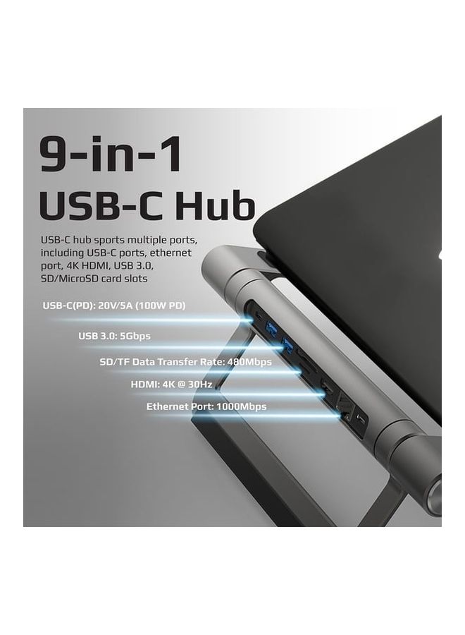 PROMATE - Aluminum Laptop Stand With 9-In-1 Detachable USB-C Desk Hub Stand Primebase-C black - Image 1