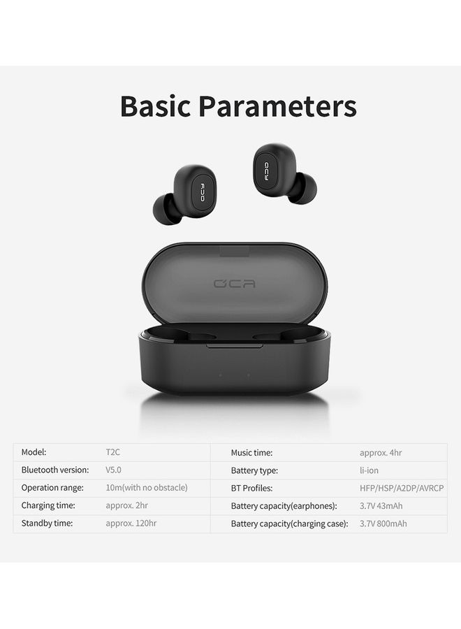 كيو سي واي سماعة رأس T2C ستيريو صغيرة ولاسلكية وبخاصية البلوتوث 5.0 وضد الماء بمعيار IPX4 للهواتف الذكية أسود - Image 3