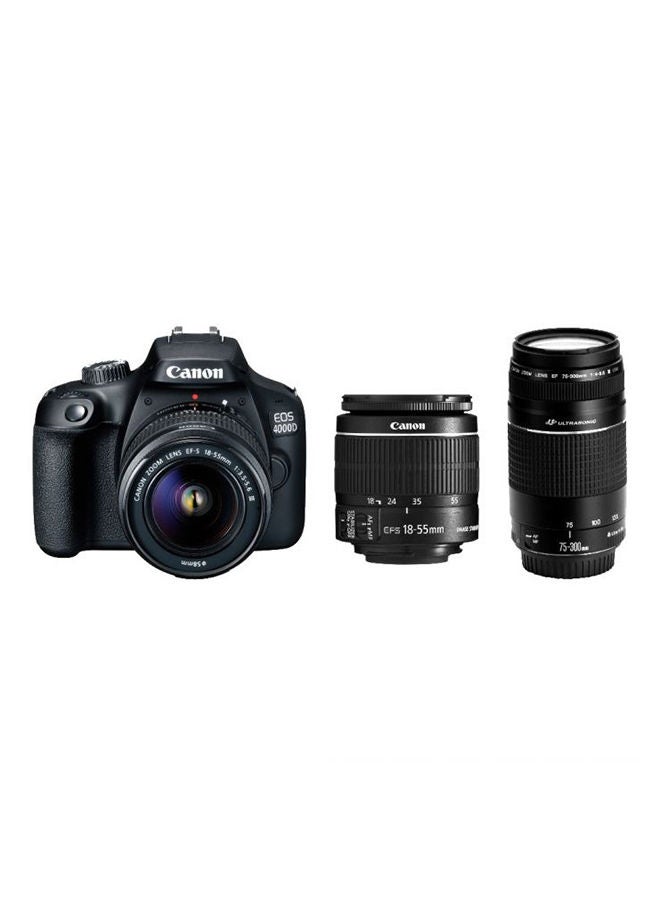 كانون مجموعة كاميرا EOS 4000D بعدسة تقريب EF-S مقاس 18-55 مم وفتحة عدسة f/3.5-5.6 III + عدسة USM EF مقاس 75-300 مم بفتحة عدسة f/4-5.6 III بدقة 18 ميجابكسل، وواي فاي وبلوتوث مدمجين 