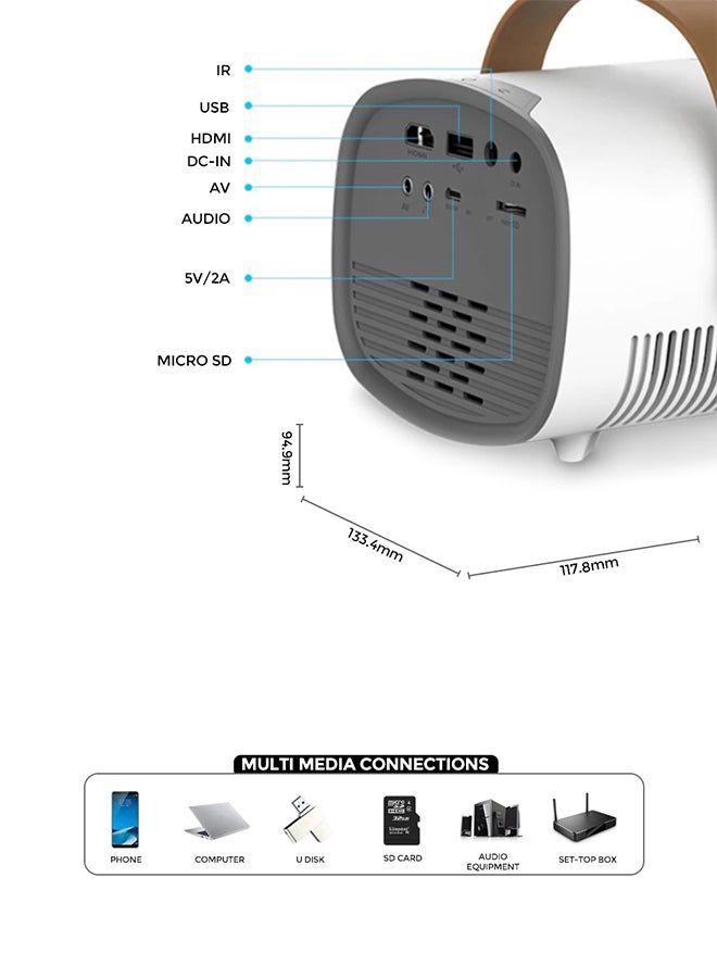 Wownect - Mini 2500 Lumens/Ideal Screen Size Upto 100 Inch For Kids/Small Room Native Res 800X480P Home Theater Portable Projectors Compatible With Hdmi, Pc, Tv Stick, Tv Box PROJ-WO-51-W White - Image 1