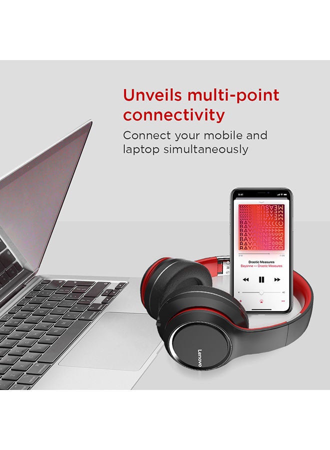 Lenovo - HD200 Bluetooth Over-Ear Headphones Black/Red - Image 1