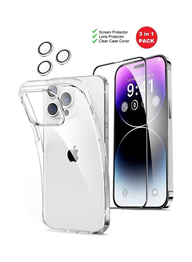 MARGOUN - 3Pack for iPhone 14 Pro Max Screen Protector Tempered Glass, Lens Protector and Clear Case Cover Full Coverage Front and Back Protection Clear/Silver - Image 1