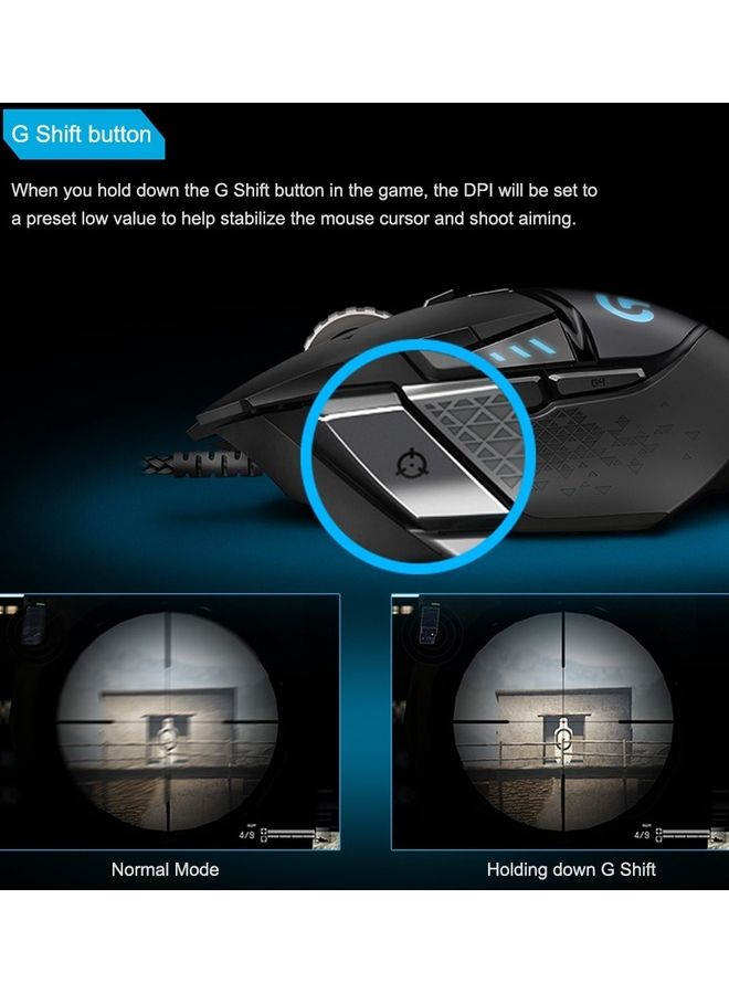 Logitech G502 Adaptive Gaming Mouse Wired RGB Tunable Weights 12,000 DPI 11 Programmable Buttons Black - Image 4