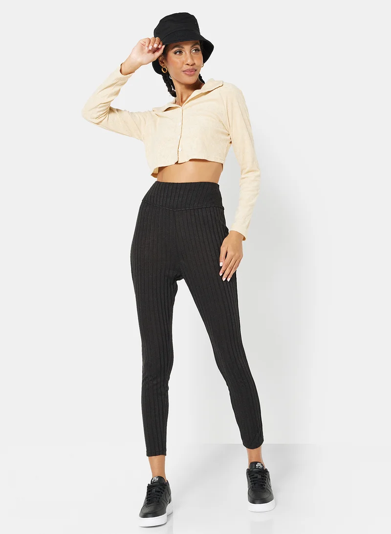 STYLISTPARK Terry Collared Crop Shirt Beige