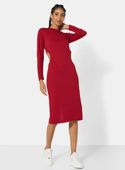 STYLISTPARK Ribbed Cut Out Midi Dress Wine