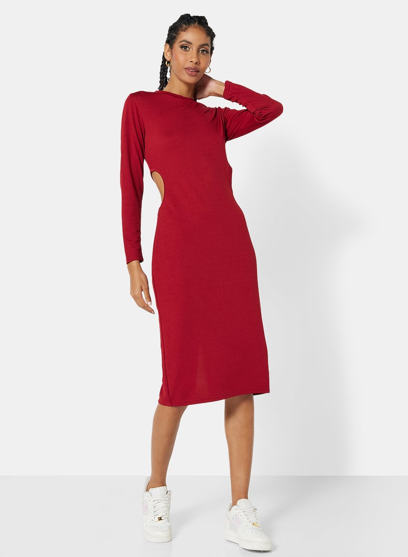 STYLISTPARK - Ribbed Cut Out Midi Dress Wine - Image 1