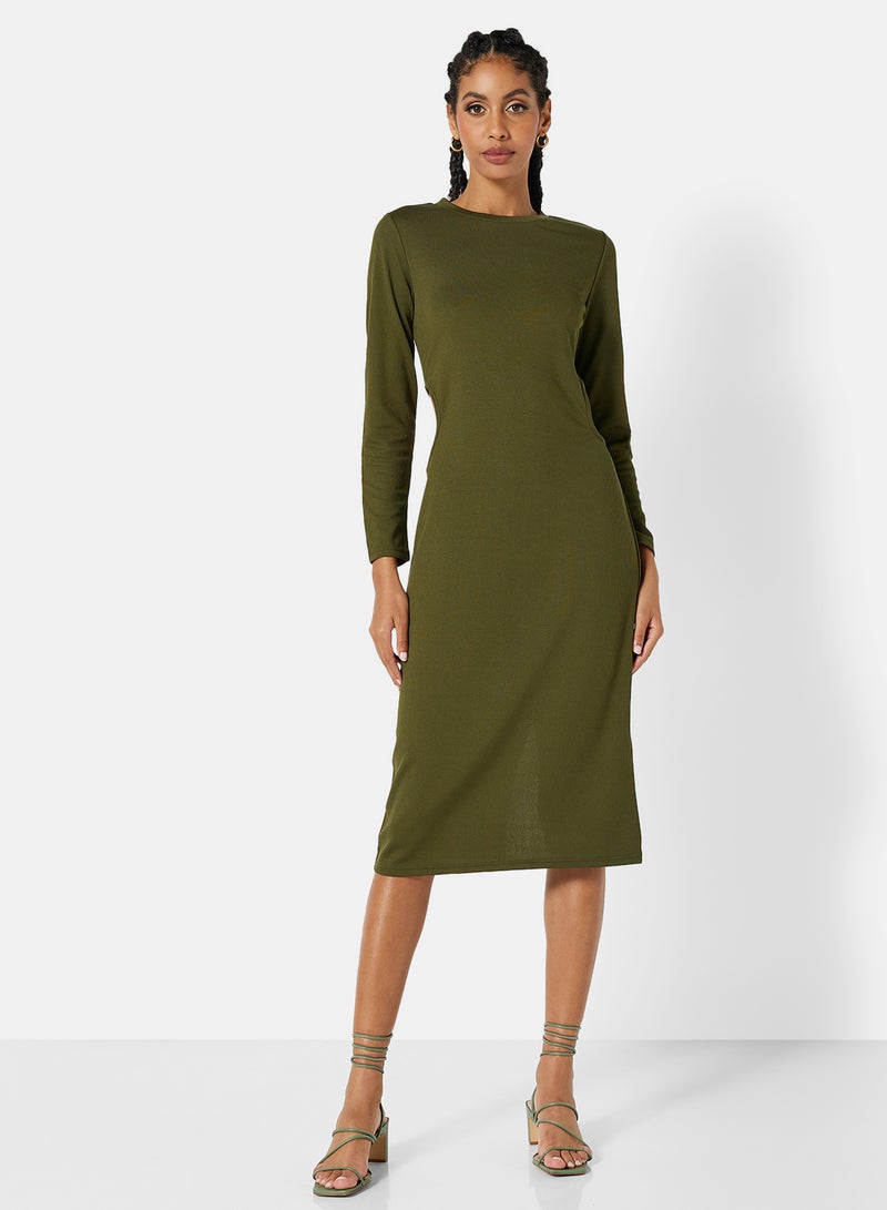 STYLISTPARK - Ribbed Cut Out Midi Dress Green - Image 1